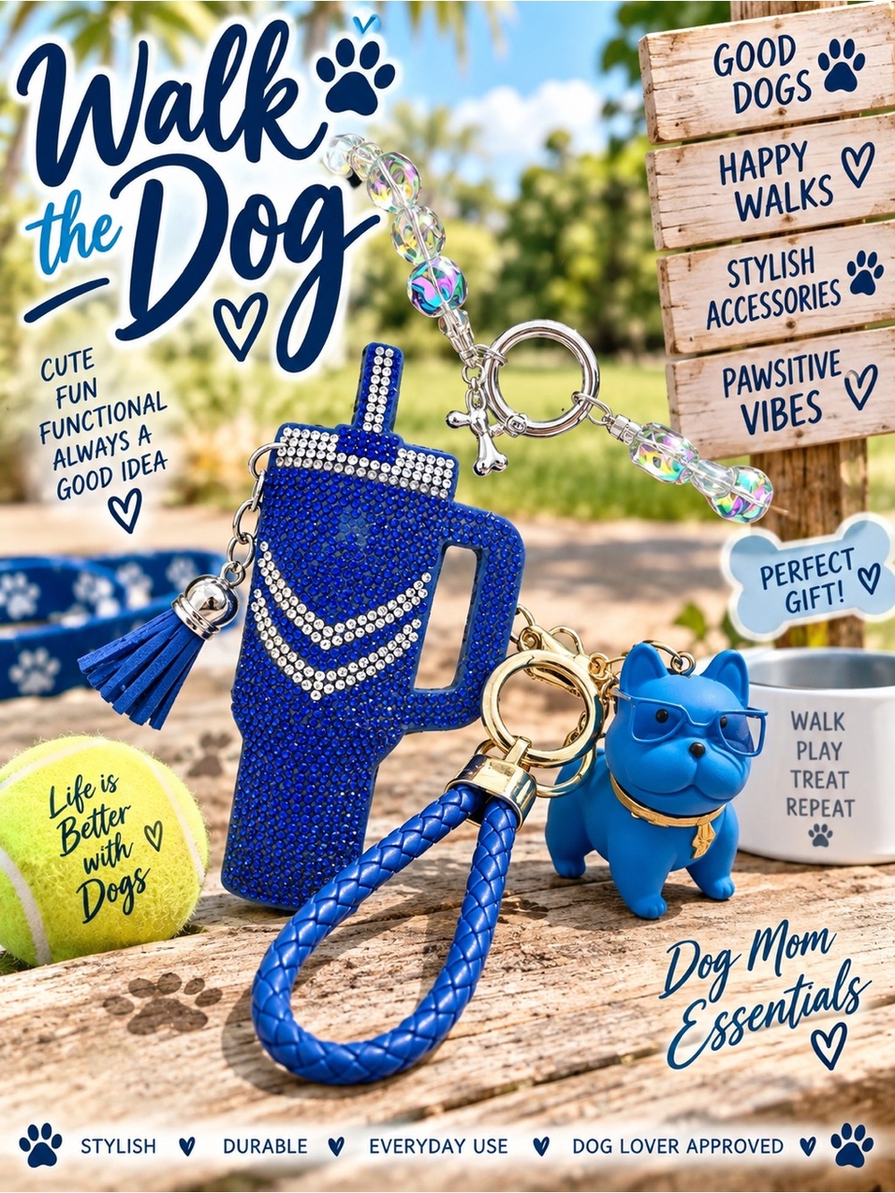 Walk the Dog 3 piece bag, charm keychain set
